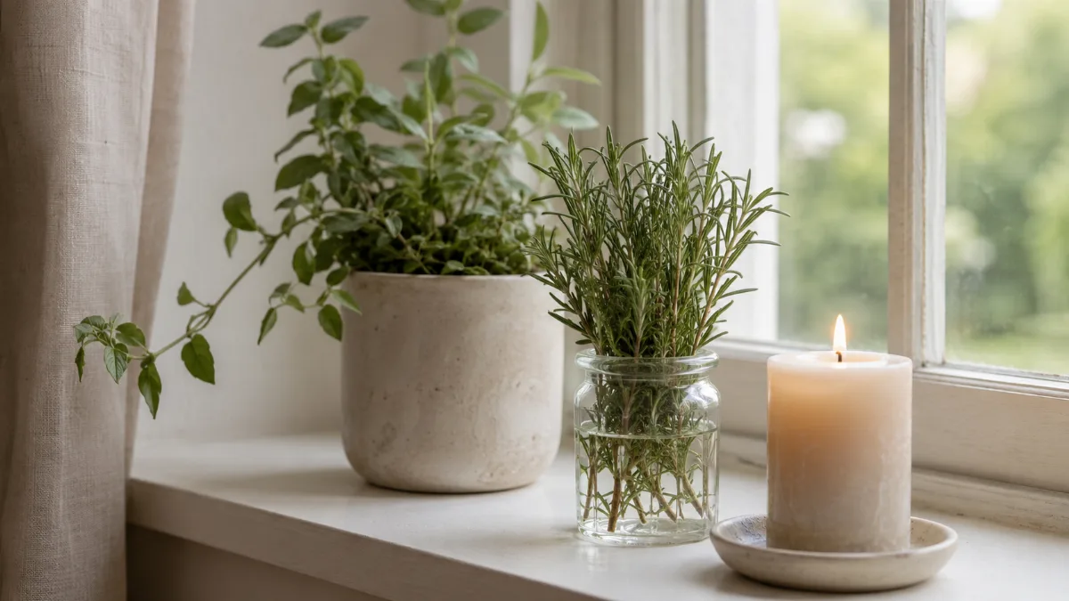 Serene windowsill with a candle and a small plant