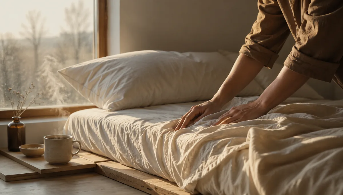 Low platform bed with crisp neutral sheets beside a bare window