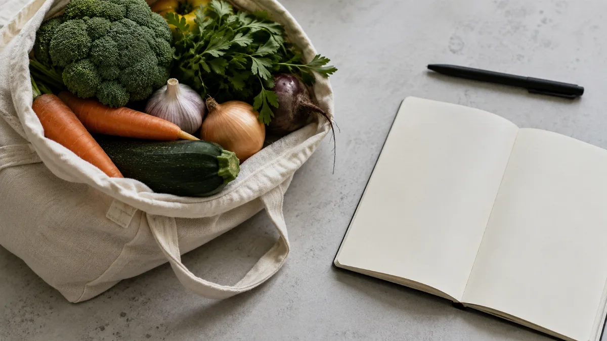 Cloth produce bag of vegetables in soft light
