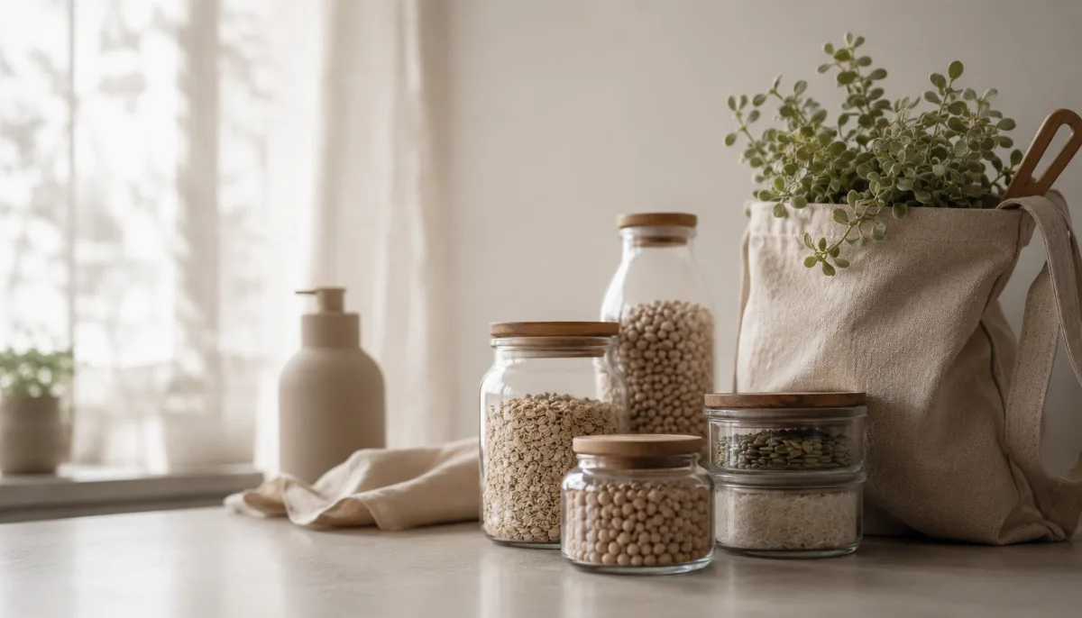 Reusable jars and a cloth bag with a small potted plant