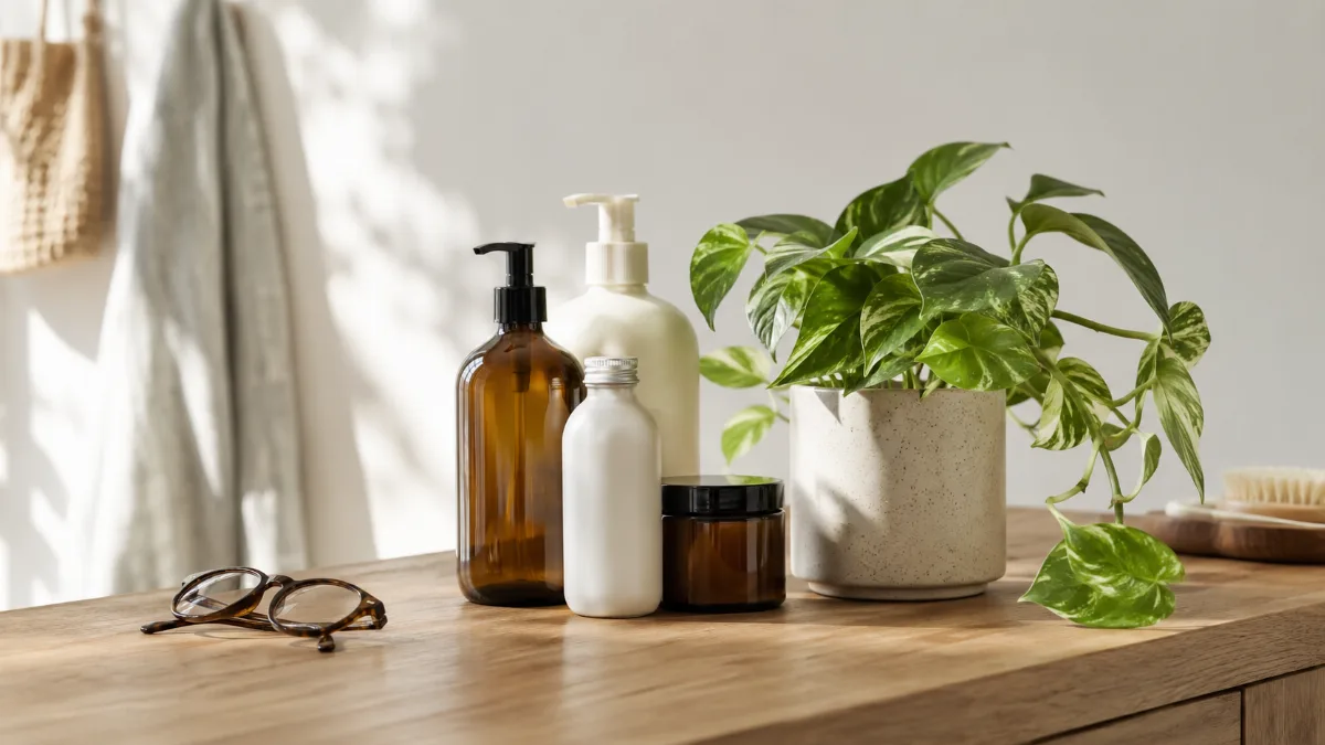 Refillable containers and a leafy plant on a wooden counter