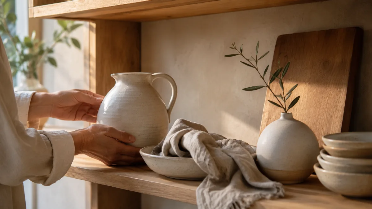 Muted palette of stoneware and linen on a wooden shelf