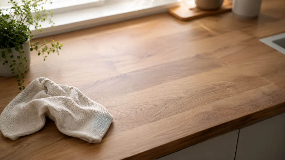 Freshly wiped kitchen counter with a cloth and a small plant