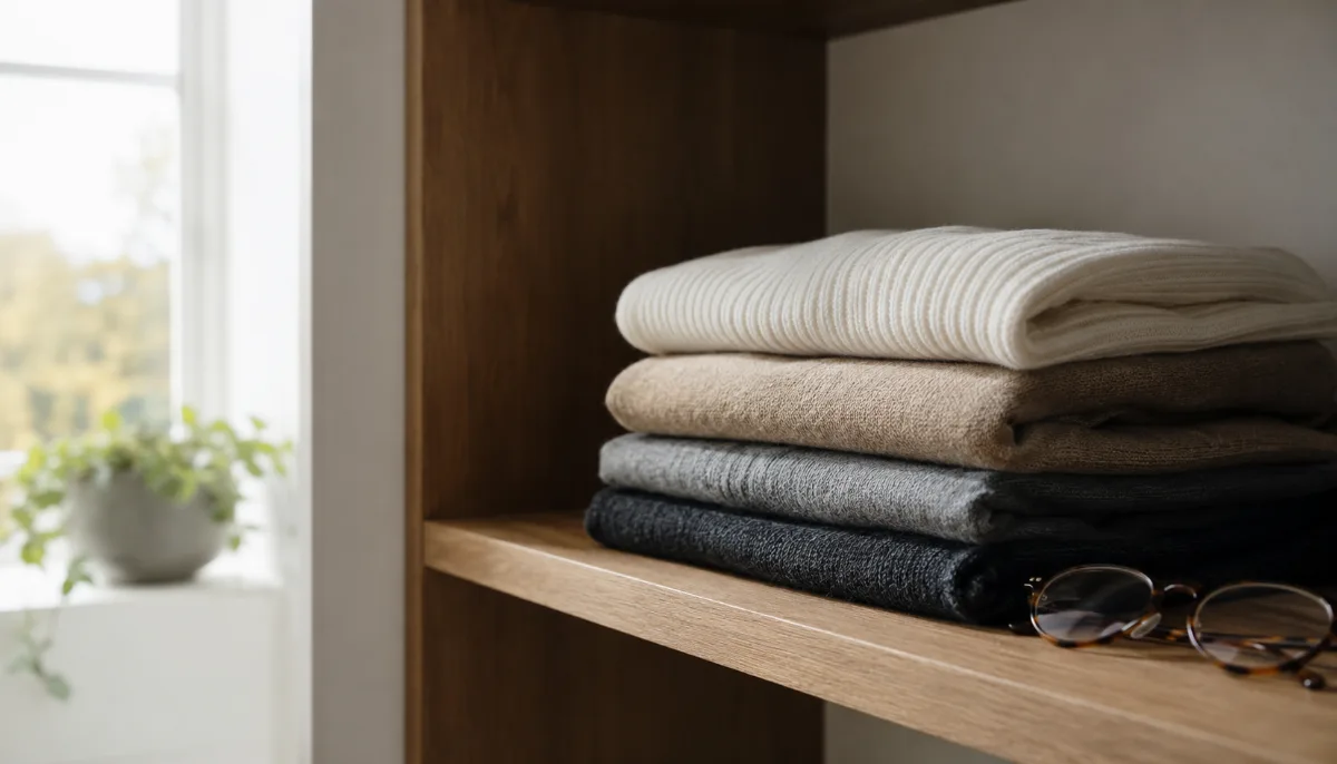Folded sweaters stacked neatly on an open shelf