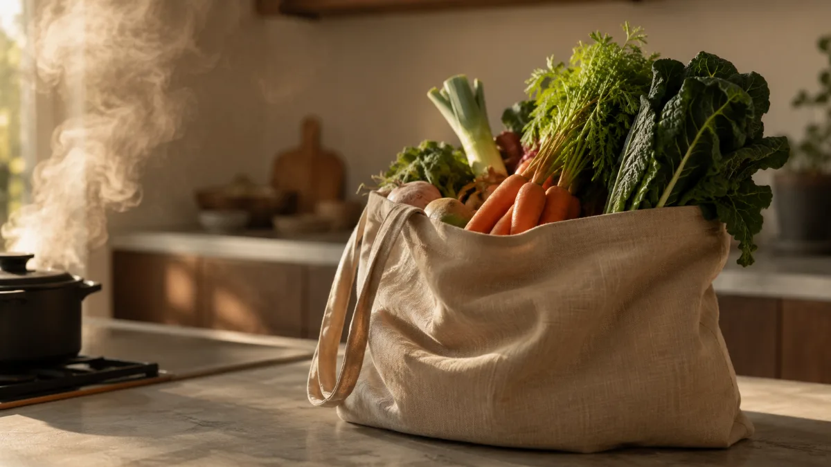 Cloth produce bag of vegetables in soft light