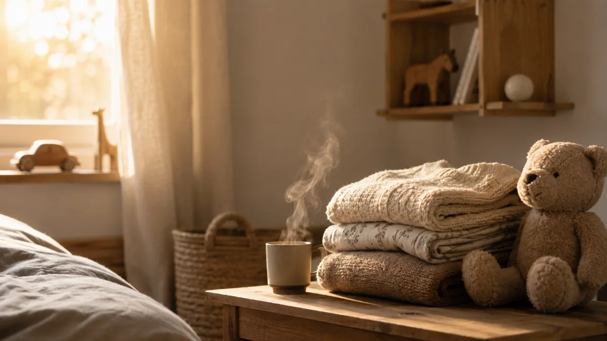 Simple child's room with folded blankets and a soft toy