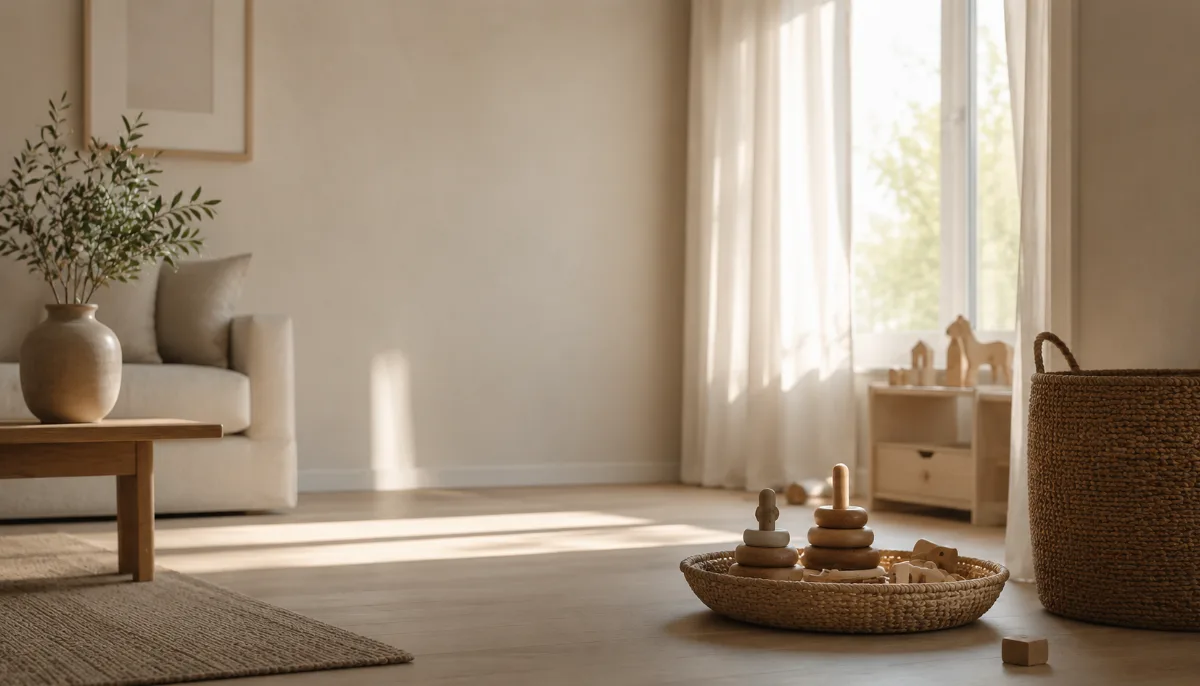 Tidy family room with a basket of wooden toys
