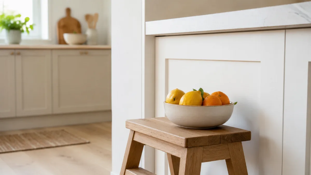 Calm family kitchen corner with a small step stool