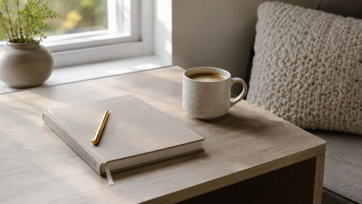 Clean desk by a window with a planner and a cup of coffee
