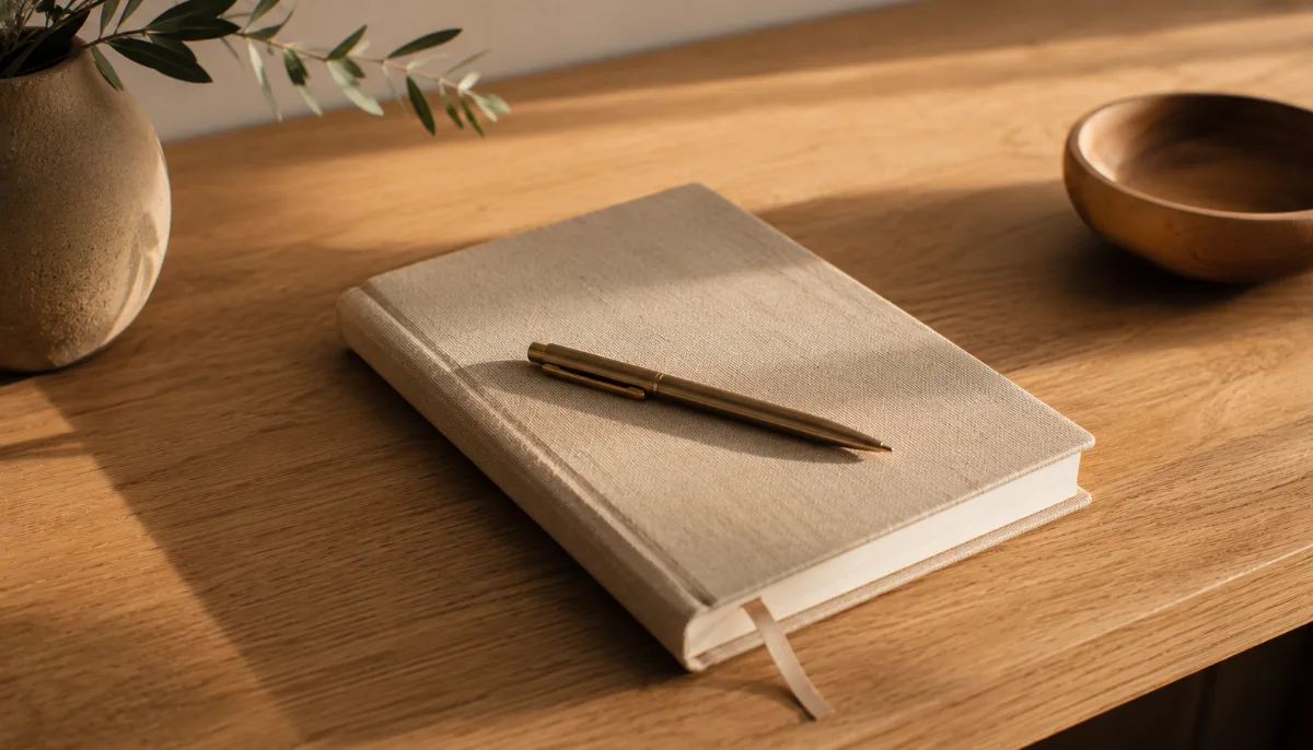 Uncluttered workspace with a single notebook and pen