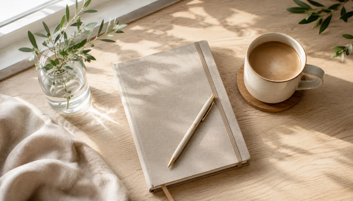 Bright morning scene with coffee and a notebook by a window
