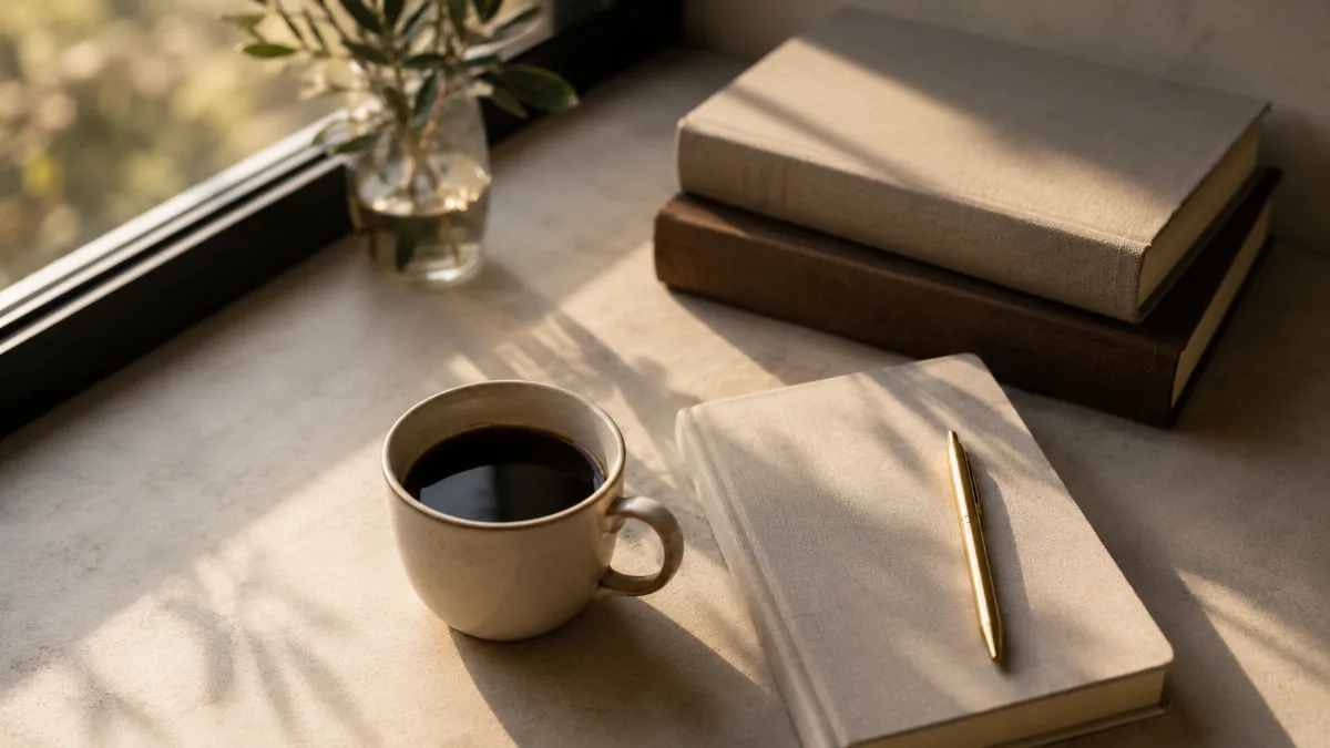 Bright morning scene with coffee and a notebook by a window