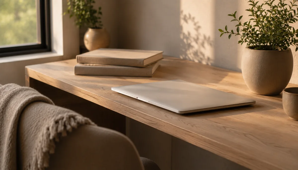 Tidy home-office corner with a laptop closed and a small plant