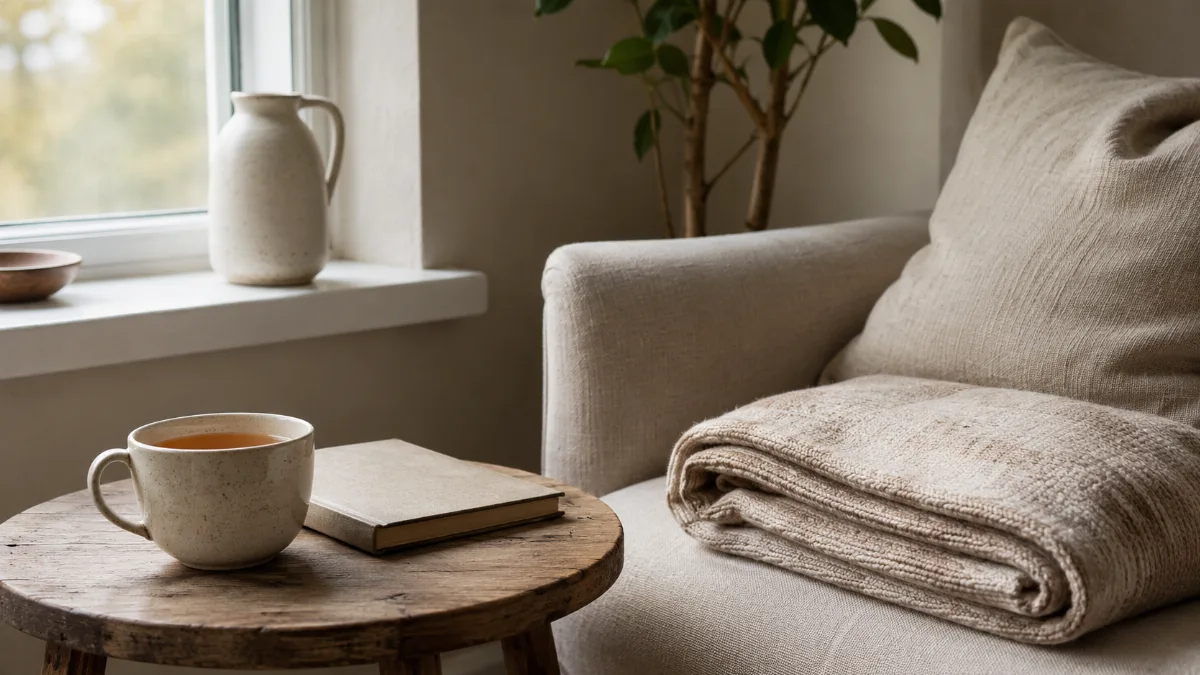 Calm evening corner with tea and a folded blanket