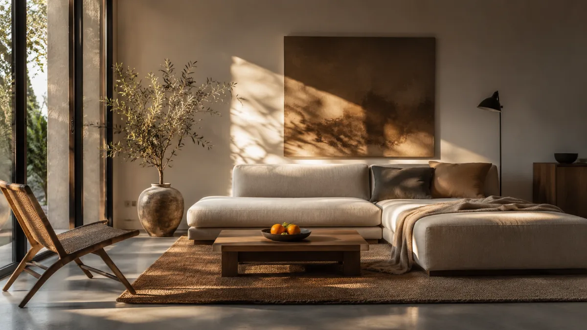 Calm, uncluttered living space with simple low furniture