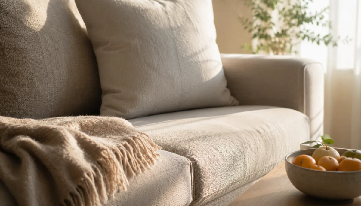 Serene living room with a neutral sofa and soft daylight