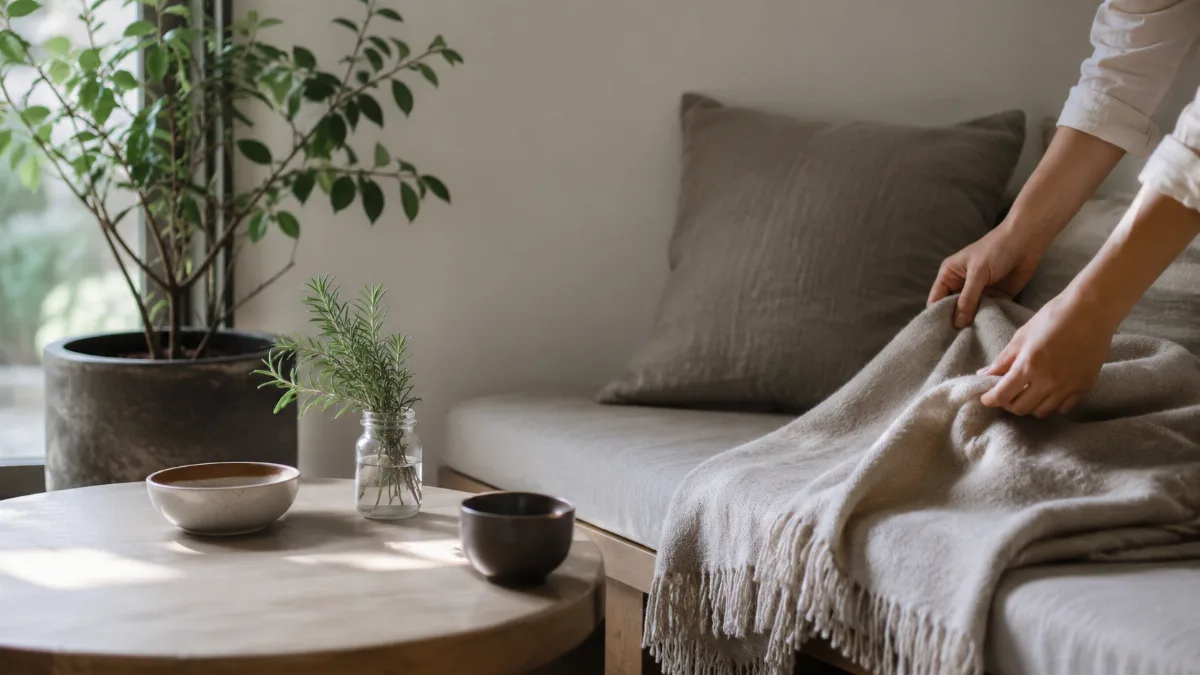 Minimalist seating corner with a single plant and a throw