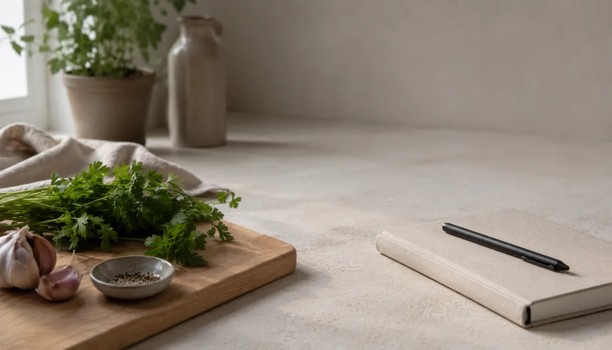 Simple kitchen counter with fresh ingredients and a wooden board