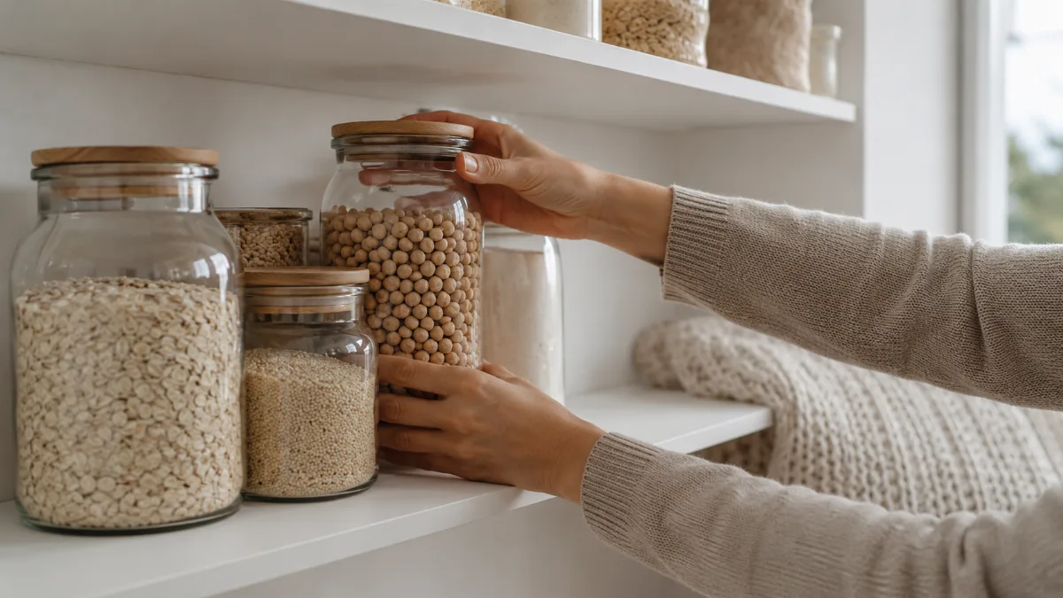 Glass jars of pantry staples on an open shelf