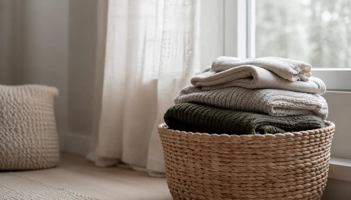Folded laundry stacked in a woven basket by a window