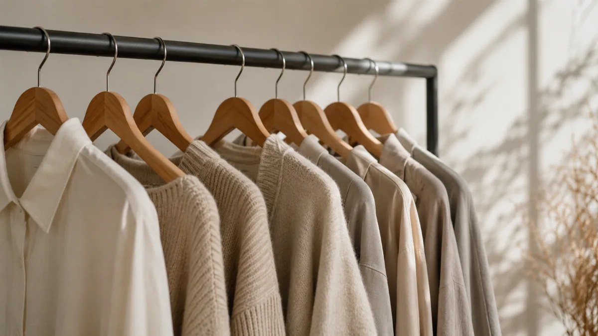 Clothing rail holding a tidy capsule of neutral garments