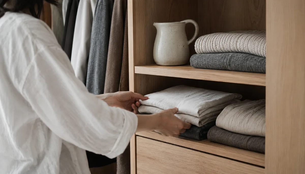 Organized open wardrobe with a small curated set of folded clothes