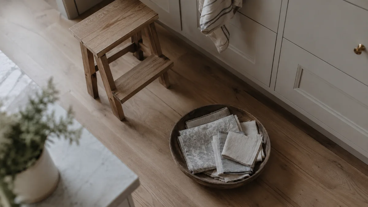 Calm family kitchen corner with a small step stool