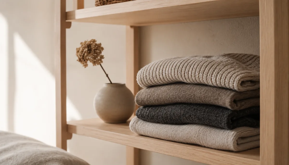 Folded sweaters stacked neatly on an open shelf