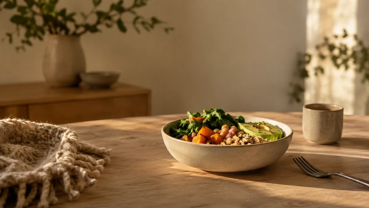 Minimalist table set with a single wholesome bowl