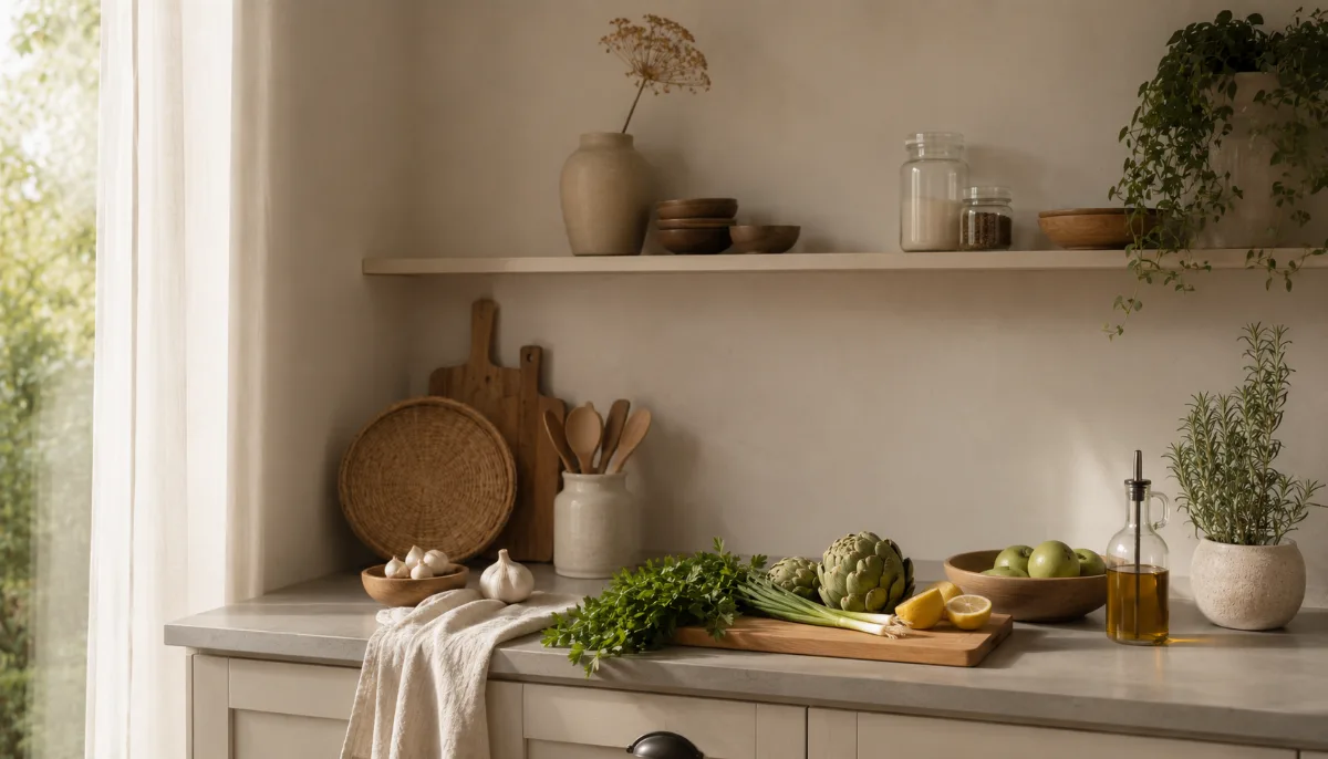 Simple kitchen counter with fresh ingredients and a wooden board