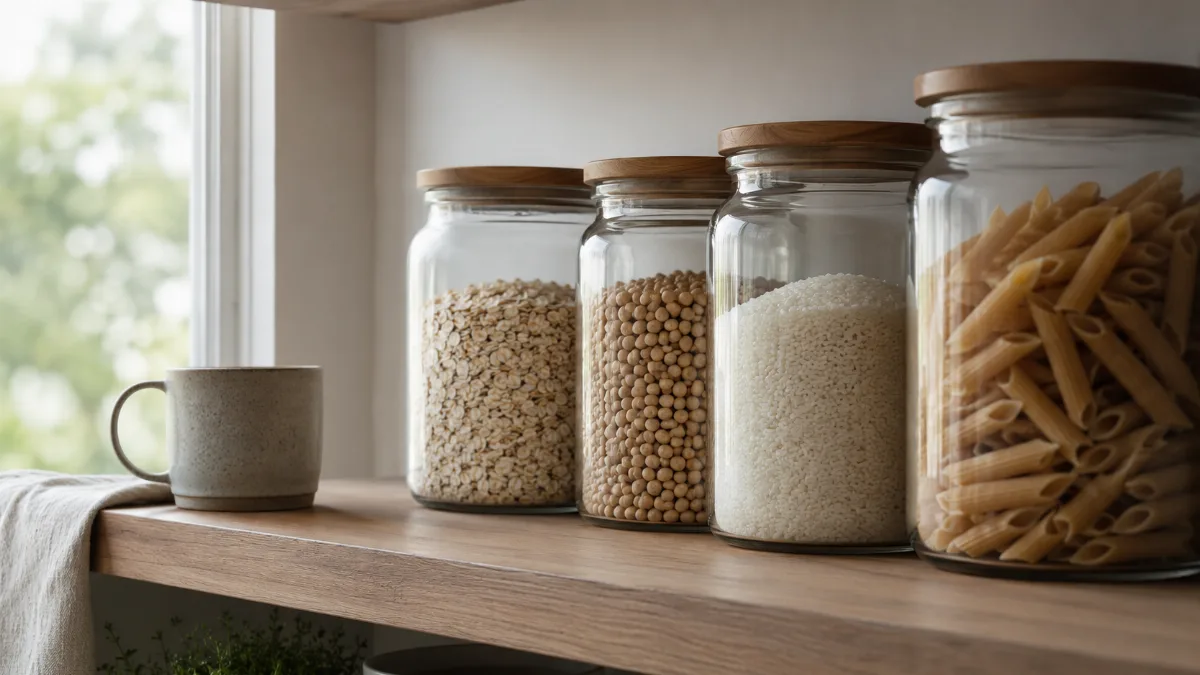 Glass jars of pantry staples on an open shelf