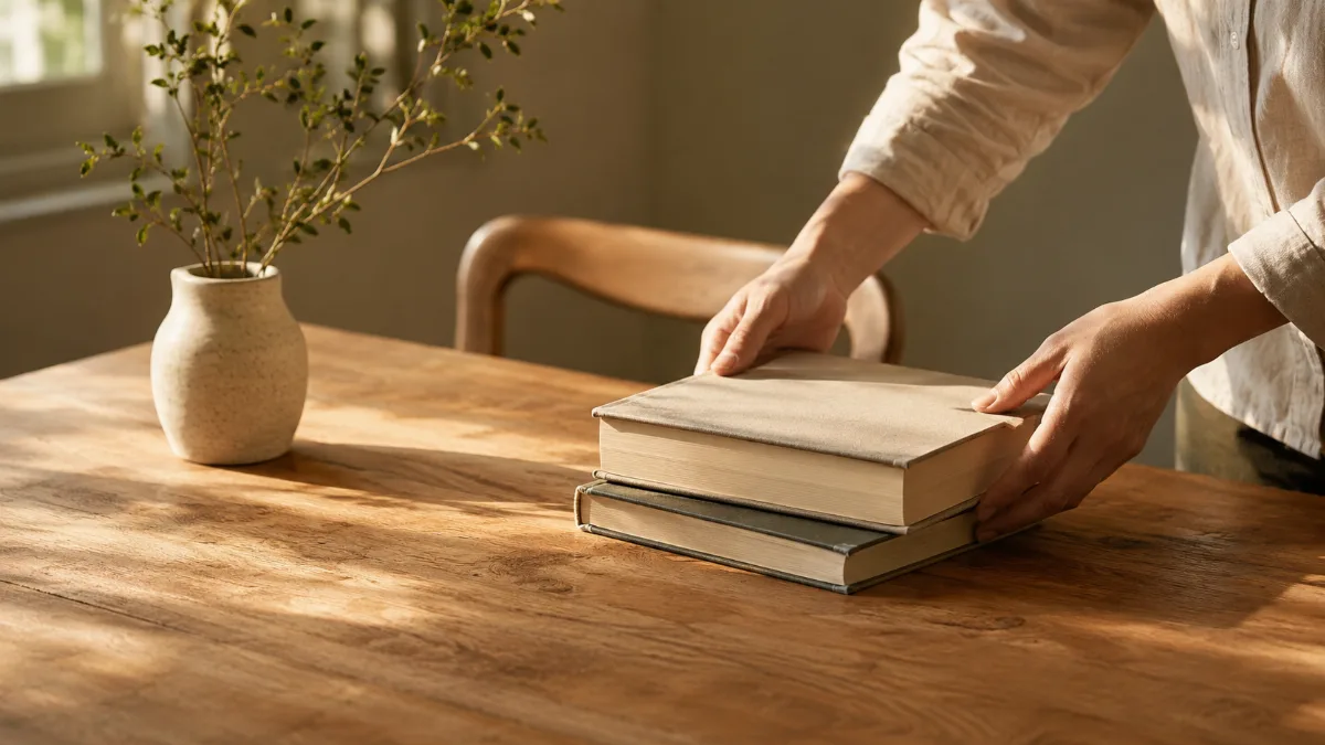 Empty wooden table with a single vase in soft light