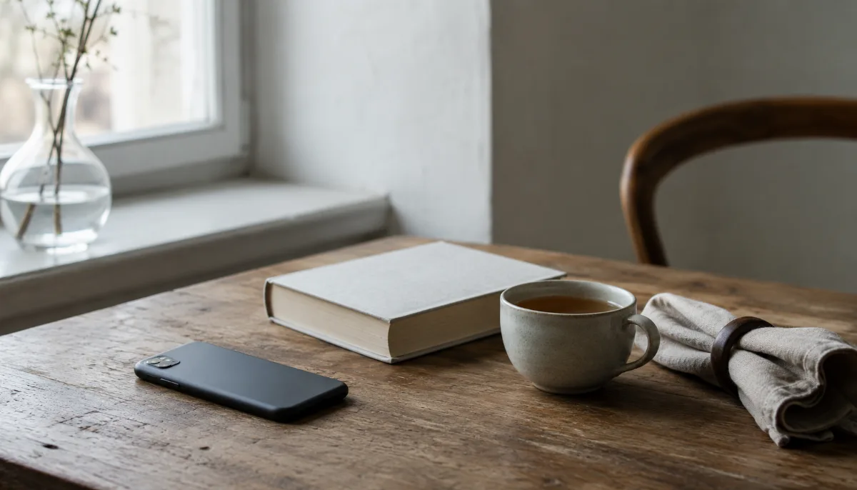 Single phone face-down beside a book and a cup of tea