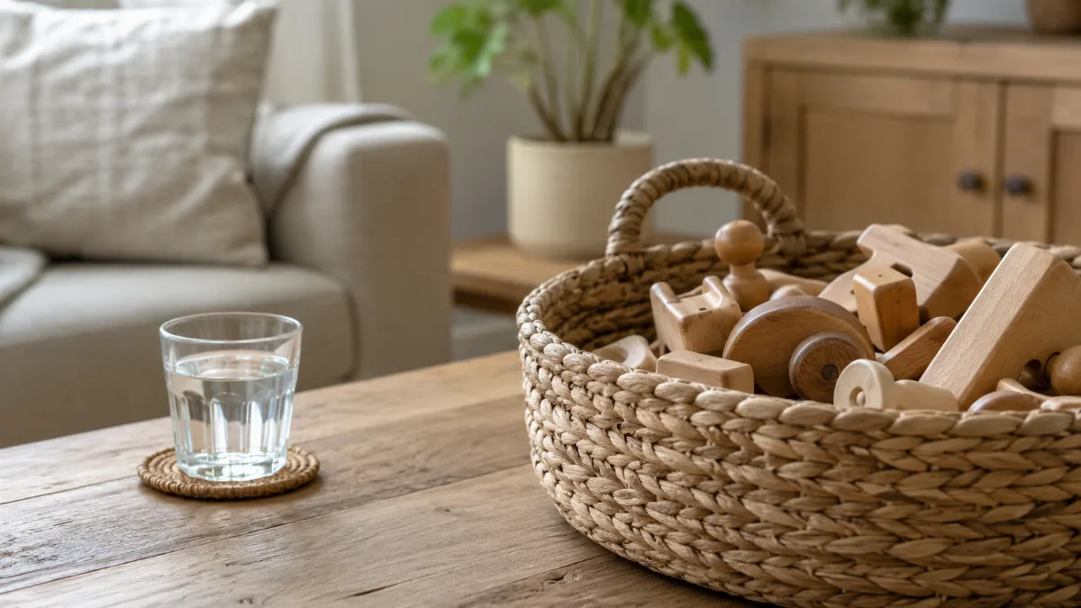 Tidy family room with a basket of wooden toys