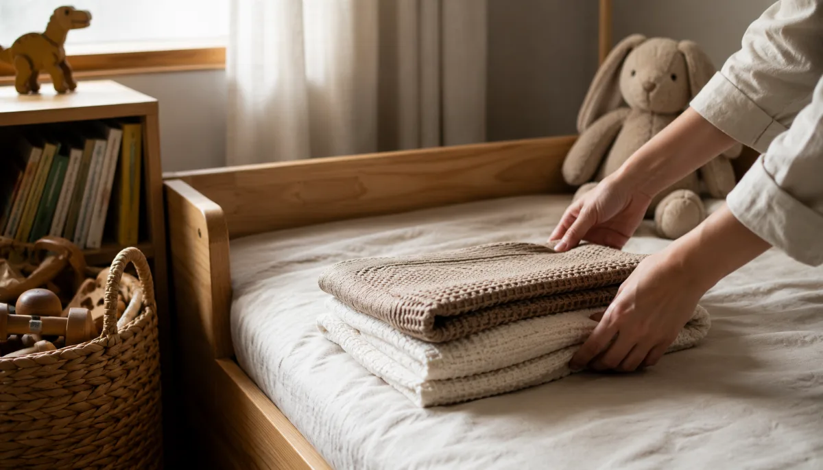 Simple child's room with folded blankets and a soft toy