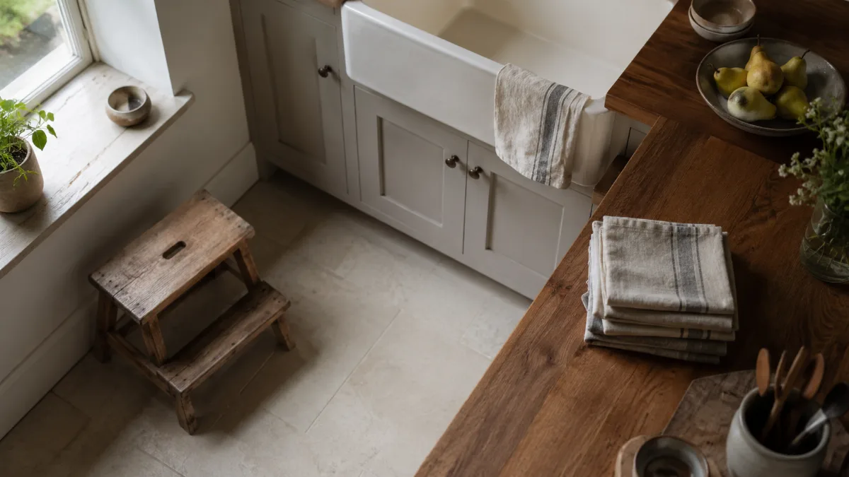 Calm family kitchen corner with a small step stool
