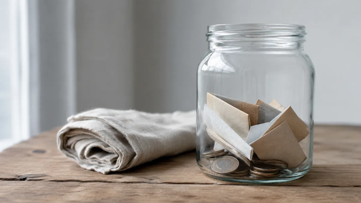 Glass jar holding folded notes and coins on a wooden surface