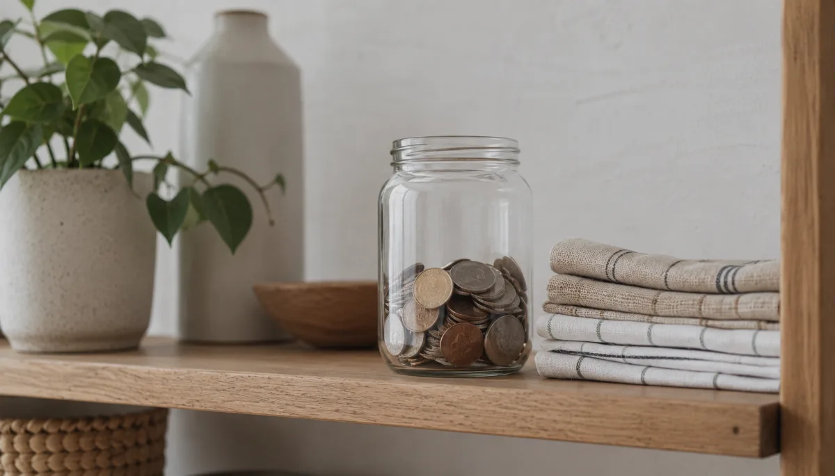 Glass jar of saved coins on a wooden shelf