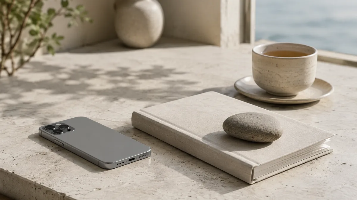 Single phone face-down beside a book and a cup of tea