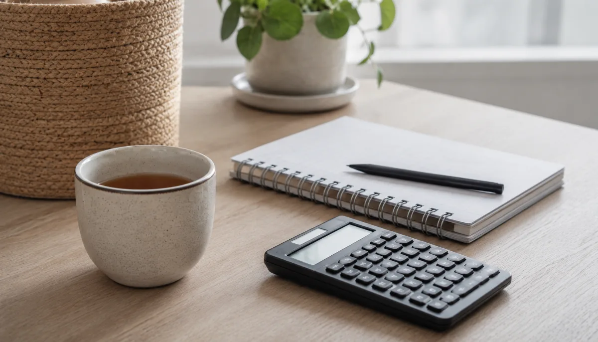 Tidy desk with a calculator, notebook and a cup of tea