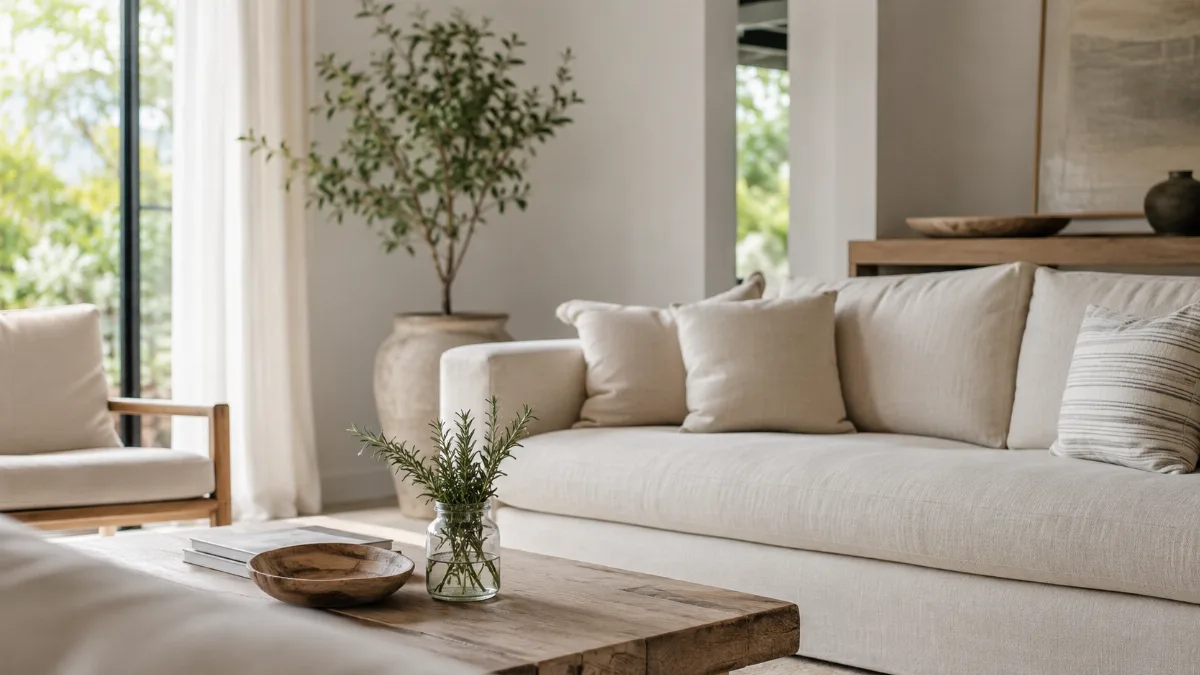 Serene living room with a neutral sofa and soft daylight