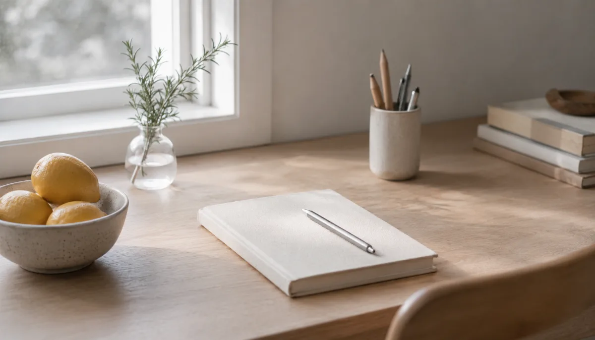Uncluttered writing desk bathed in soft daylight