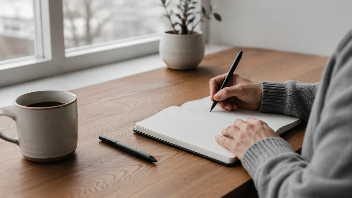Clean wooden desk by a window with a notebook, pen and a cup of coffee