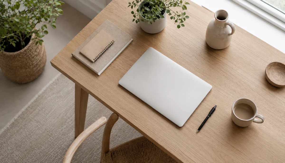 Tidy home-office corner with a laptop closed and a small plant