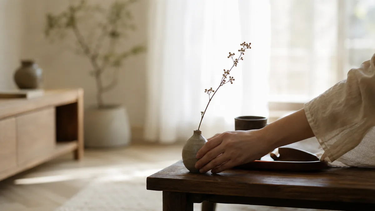 Calm, uncluttered living space with simple low furniture