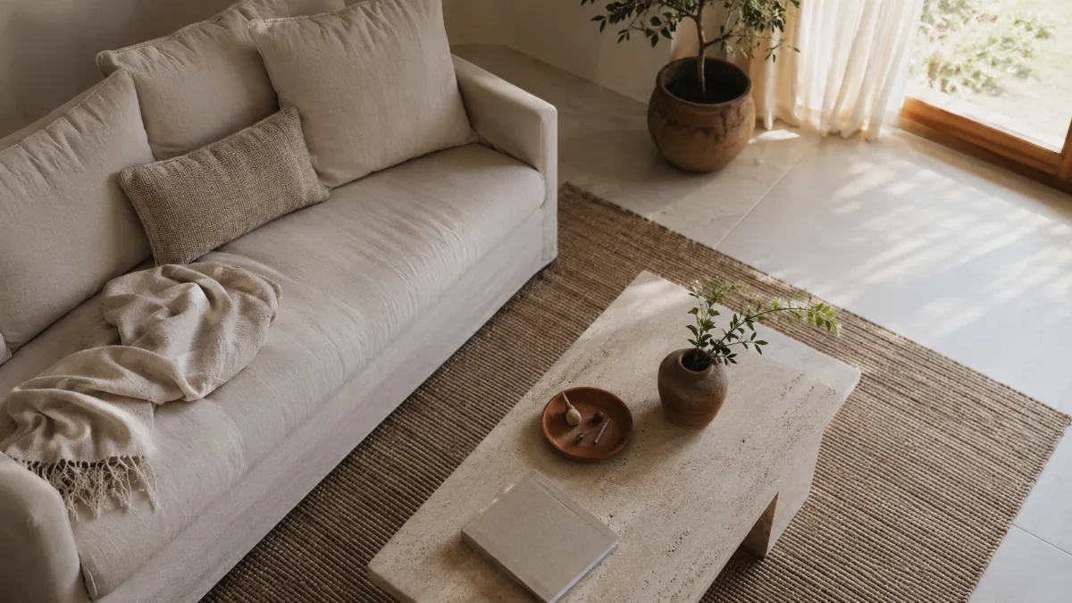 Serene living room with a neutral sofa and soft daylight