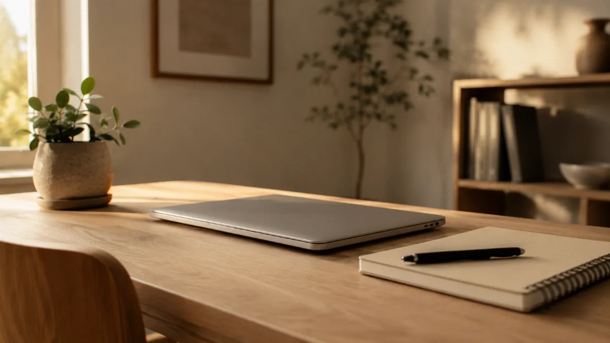 Tidy home-office corner with a laptop closed and a small plant
