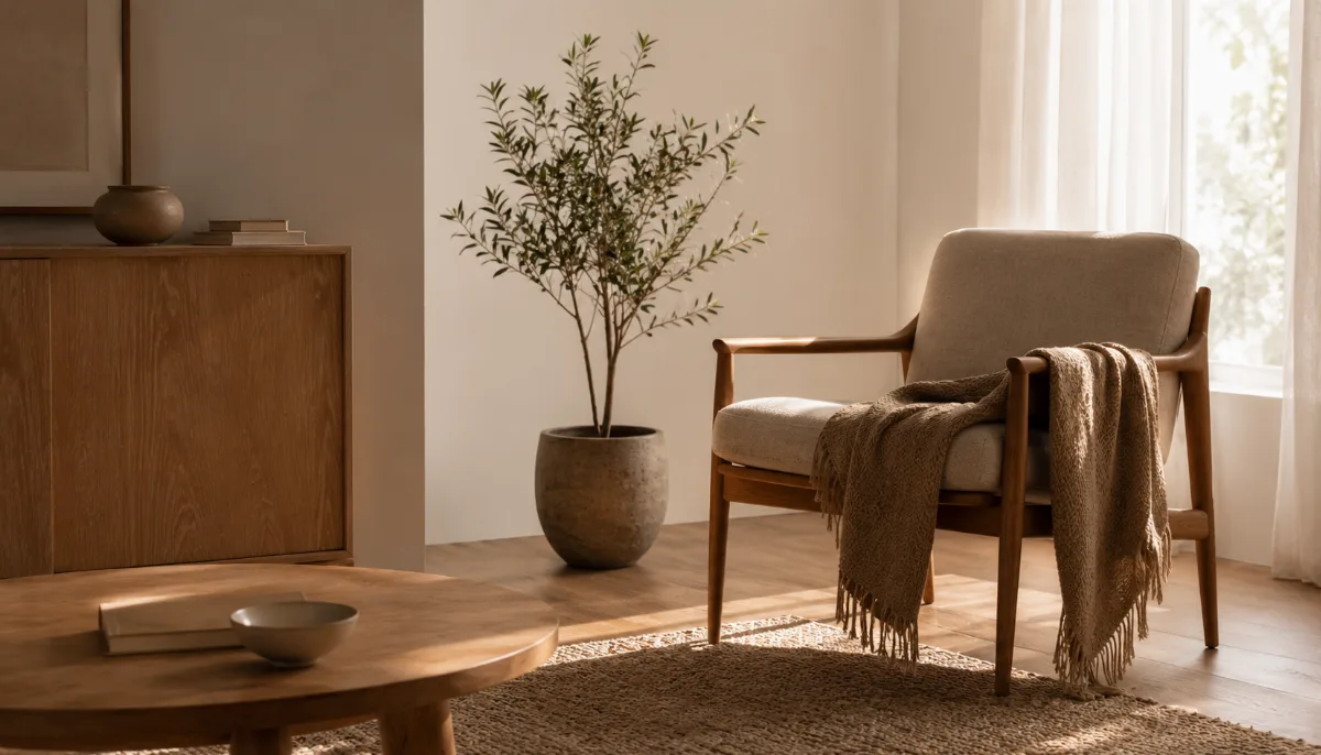 Minimalist seating corner with a single plant and a throw