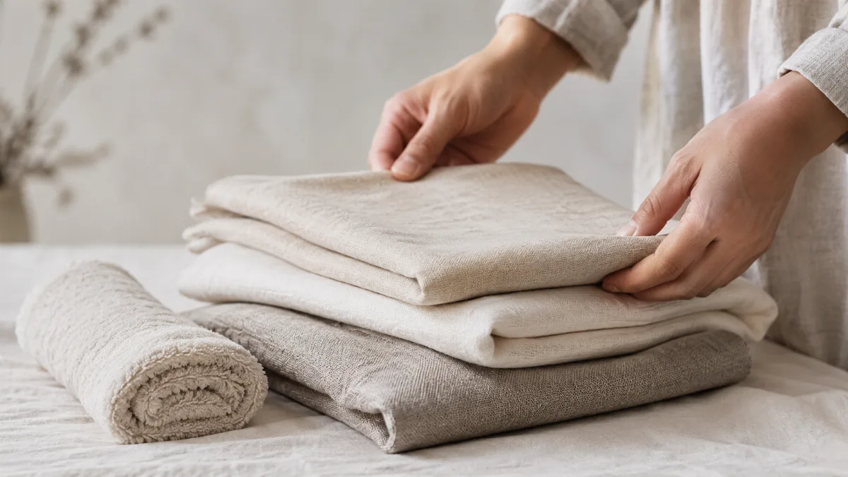 Tonal still arrangement of neutral textiles in three soft hues