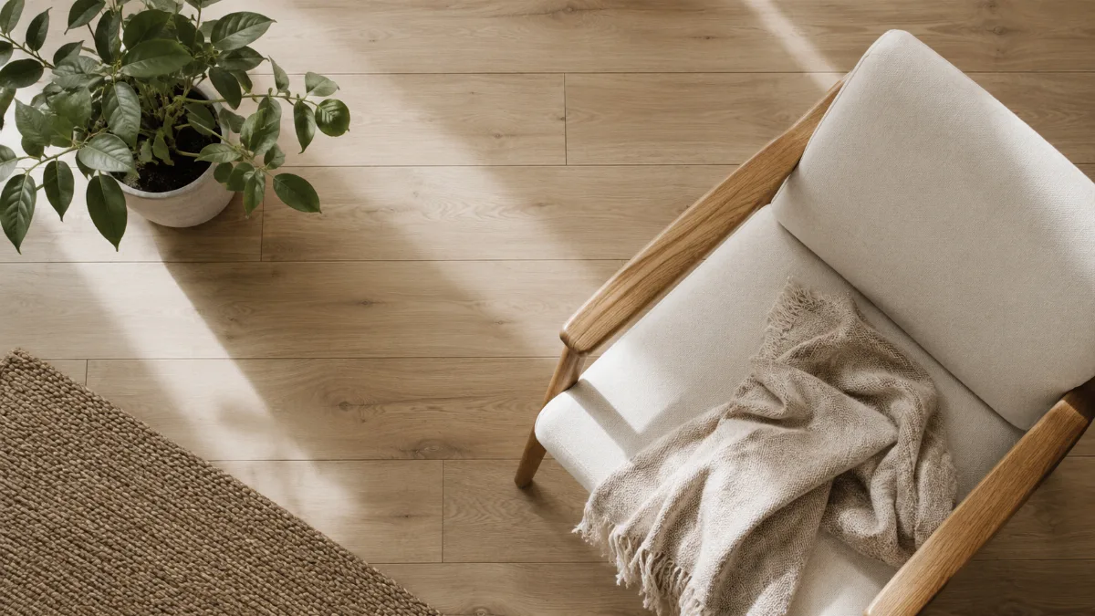 Minimalist seating corner with a single plant and a throw